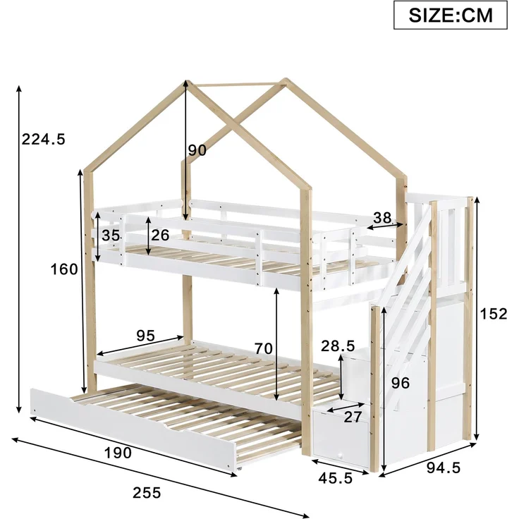 Merax Etagenbett, Ausziehbares Baumhausbett, Schiebebett, Treppe mit 4 Schubladen, Kinderbett mit Absturzsicherung und Kinderbettgitter, mit Lattenroste, Natur+Weiß (90x200cm&90x190cm) – Bild 4