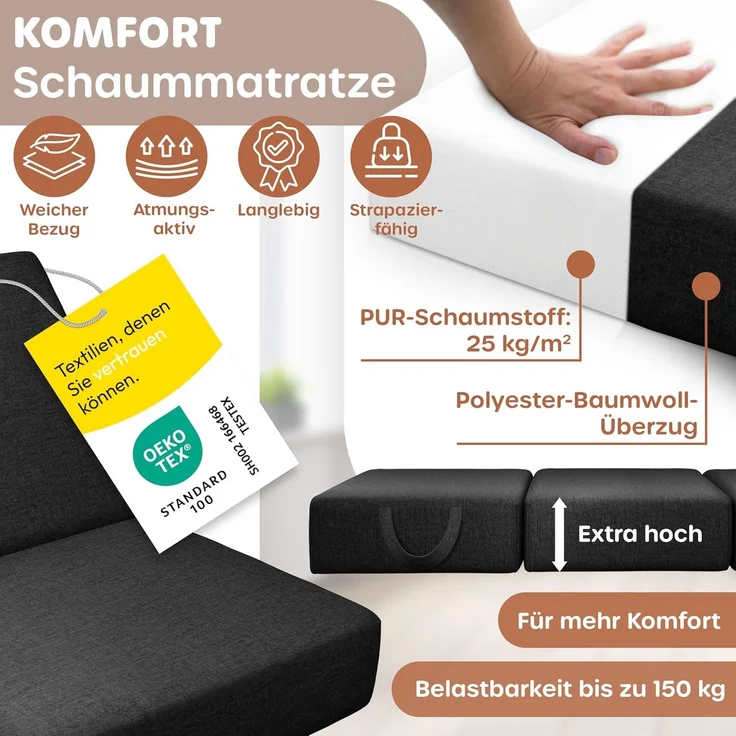 KESSER® Klappmatratze Gästematratze 3-fach Faltmatratze faltbar zum Sitzhocker | Schaumstoff 25kg/m³ extra dick 15cm atmungsaktiv waschbar abnehmbarer Bezug | Matratze inkl. Camping Tragetasche Schwarz, 90 x 200 x 15 cm – Bild 4