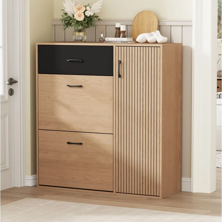 DESVIAE Garderobenschrank Schuhschrank Naturholz/Schwarz aus MDF/Spanplatte – 100x106x35 cm – 2 Schuhklappen – Bild 3