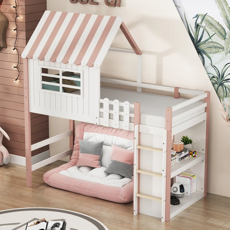 Kinderbett, hoch und niedrig Bett für Jungen und Mädchen Heimbett Dachform mit Sicherheitsleiter mit Ablagefach Multifunktionsbett, Massivholzbett mit Lattenrost, Rosa, 90 x 200 cm – Bild 1