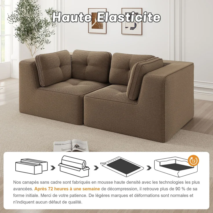 U-förmiges Sofa mit 1 Fußhocker mit Cordbezug und beweglicher Fußauflage, rahmenfreie Lounge-Couch mit breiten Armlehnen ohne Montage, Braun – Bild 3
