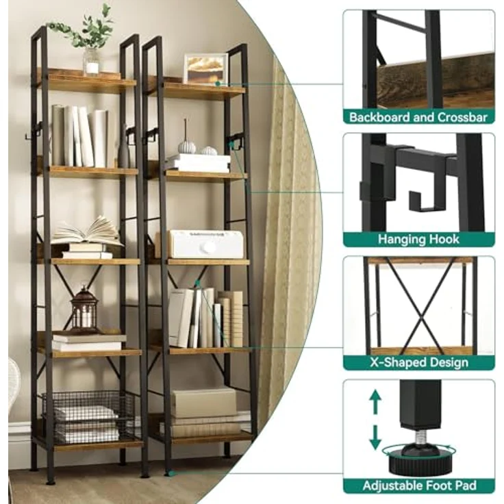 YITAHOME Schmal Bücherregal mit 5 Ebenen 35 cm Breit, Industrielles Leiterregal Standregal Holzregale und Metallrahmen, Modernes Regal für Wohnzimmer, Büro, Rustikales Braun – Bild 4