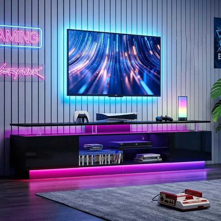 Aoxun 200 cm Fernsehstand, mit 2 Seitenkabinett, Moderner Stilvoller TV-Console mit LED Leuchten, Gaming-Fernseh-Medienconsole mit Verstellbarem Glasregal, Fernbedienung & APP-Steuerung, Schwarz