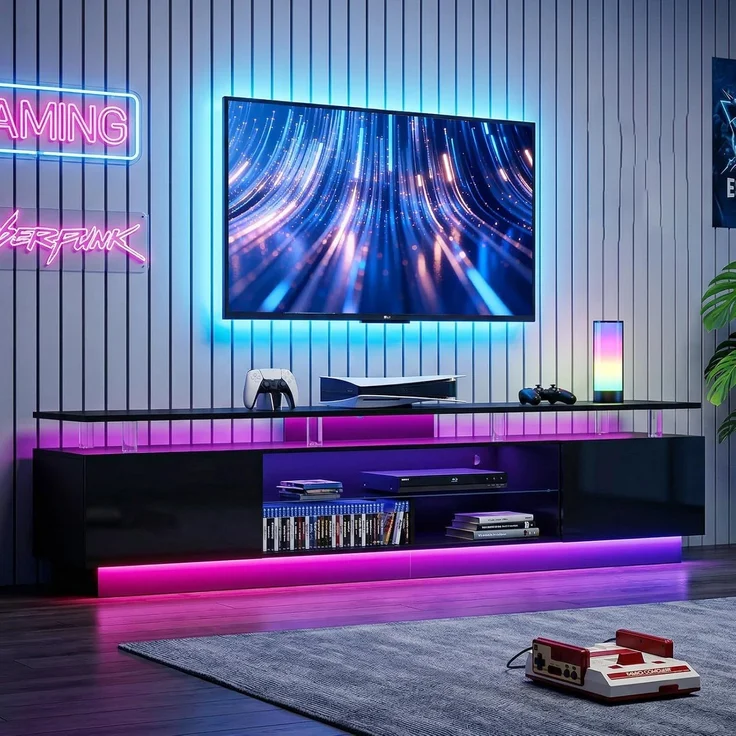 Aoxun 200 cm Fernsehstand, mit 2 Seitenkabinett, Moderner Stilvoller TV-Console mit LED Leuchten, Gaming-Fernseh-Medienconsole mit Verstellbarem Glasregal, Fernbedienung & APP-Steuerung, Schwarz – Bild 1
