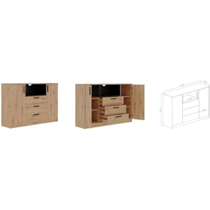 Marmex Möbel Grant 17A 2-türige Kommode mit Schubladen, hohe TV-Kommode, Kommode für das Schlafzimmer, laminierte Spanplatte, artisan Eiche+schwarz, 137x95x40 cm – Bild 3