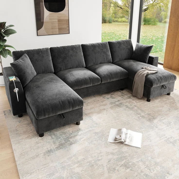 Chenille-U-Sofa mit 2 Stauraum-Chaiselongues, USB und USB-C, gepolsterte modulare Wohnlandschaft 279 cm mit Taschenfederkern, Grau – Bild 8