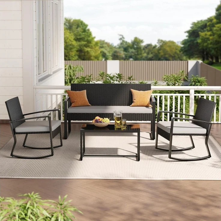 Blishom Balkonset 4-tlg. Gartenmöbel Set mit Schaukelstühlen & Glastisch – Bild 2