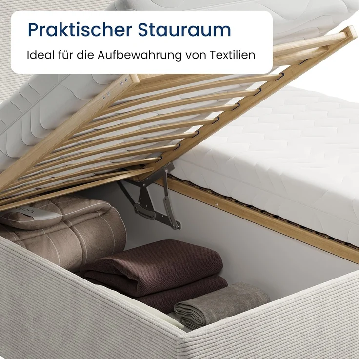 Home Collective Polsterbett Bett mit Stauraum, verstellbarem Lattenrost, viele Größen (Größen: 100x200 120x200 140x200 160x200 180x200 200x200, hochwertiger Kordstoff, made in Germany), wählbare Matratze Federkern oder Kaltschaum, Hellbeige – Bild 6