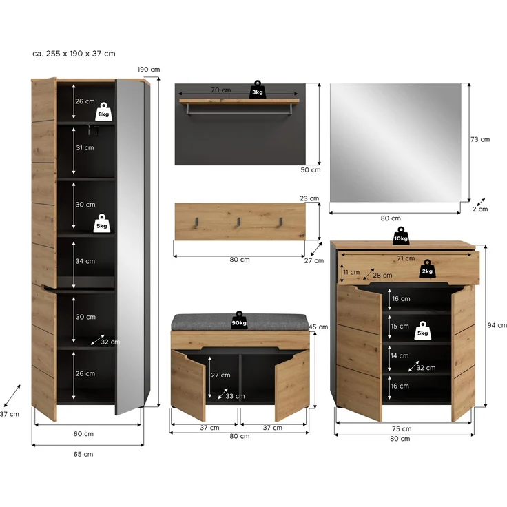 Garderobenkombination inkl. Sitzkissen (B/H/T: 255x190x37 cm) in Artisan Nachbildung – Bild 4