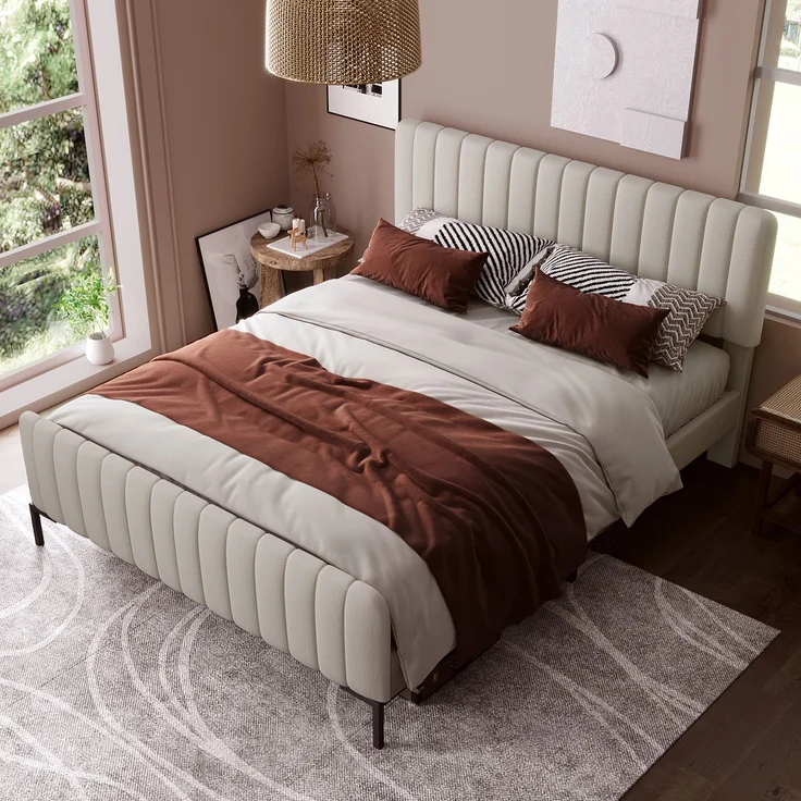 Polsterbett 160x200 cm, Leinen in Grau-Beige mit verstellbarem Kopfteil & Lattenrost, mit Matratze – Bild 8