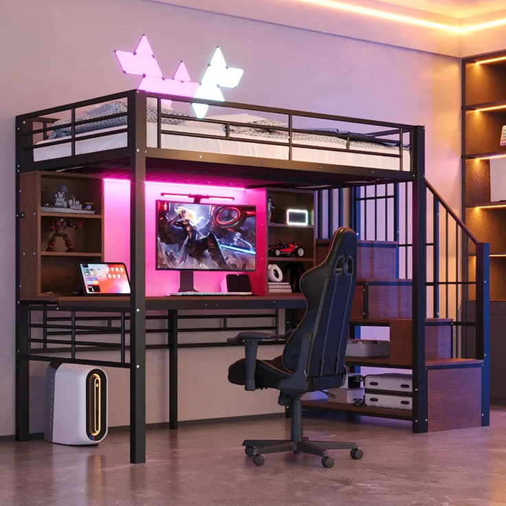 Merax Hochbett Kinderbett 90×200 cm, Jugendbett, Einzelbett mit Ablage, Schreibtisch, Steckdose und LED-Beleuchtung, Integrierter Stauraumtreppe (links/rechts montierbar), Schwarz – Bild 2