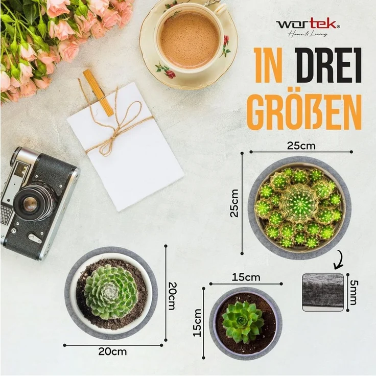wortek Blumentopfuntersetzer Blumenuntersetzer Untersetzer rund für Vasen, Zubehör für Blumen oder Blumentöpfe & Co, Set, 6-tlg, Filz Unterlage Gläser Teller Blumentöpfe – waschbare Untersetzer – Bild 3