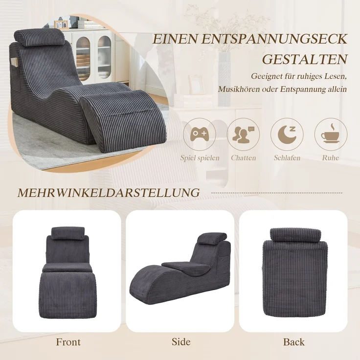 Freizeit-Sessel, Cord mit Seitentasche & ergonomischer Form, 160x66x90 cm, Dunkelgrau – Bild 8