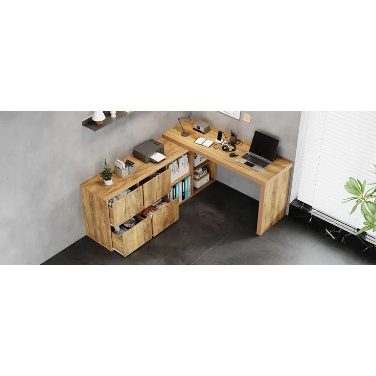 ZUBALIYA Ecktisch, Tischplatte 360°schwenkbar- L-förmig oder gerade aufstellbar,Tischplatte und Beine 4 cm verstärkt, mit 4 Fächern, 4 Schubladen - Schreibtisch,Eichenoptik, nach links gerichtet – Bild 14