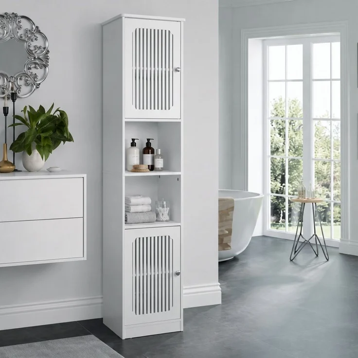 BBWL Hochschrank 36×30×163 cm, mit Lamellentüren, verstellbaren Böden, MDF Badezimmerschrank, hoher Badschrank, platzsparend, Weiß – Bild 3