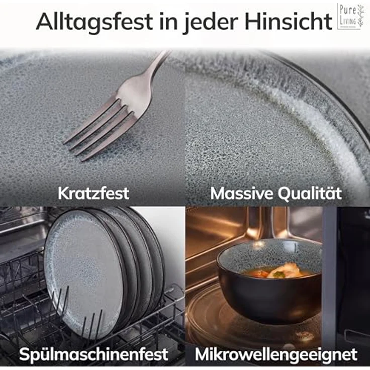 Steingut Teller Groß 6 Personen Ibiza TESTSIEGER, Traumhaftes Mediterranes Steingut Speiseteller Set, Stylisches Essteller Set, Pure Living in Grau – Bild 5