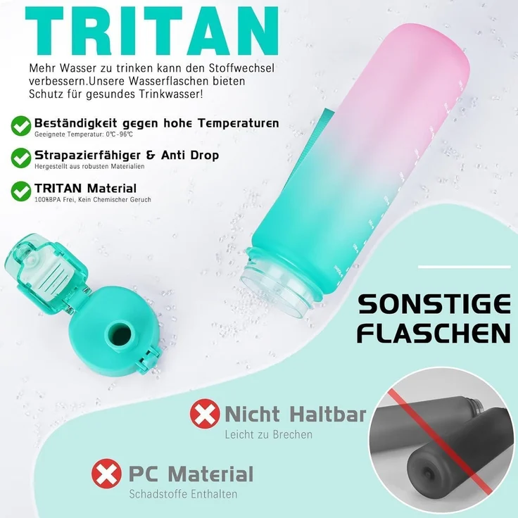 AOPREL Trinkflasche 1l BPA-frei Tritan Sport Auslaufsicher Fitness Camping Büro – Bild 4