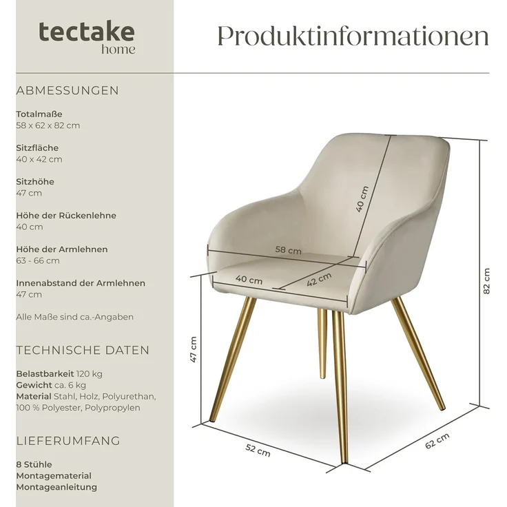 tectake Esszimmerstuhl Marilyn (8er Set, 8 St), gepolstert, in Samtoptik – Bild 3