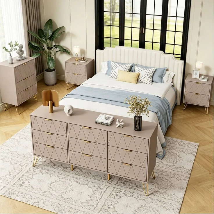 UEV Schlafzimmer-Set 3er-Set Schlafzimmermöbel, Möbelset im skandinavischen Stil, (Modern Linienmuster, Kommode mit 9 Schubladen und 2er-Set Nachttisch), Schrank mit Kippschutz, Goldene Griffe und Füße, Soft-close – Bild 2