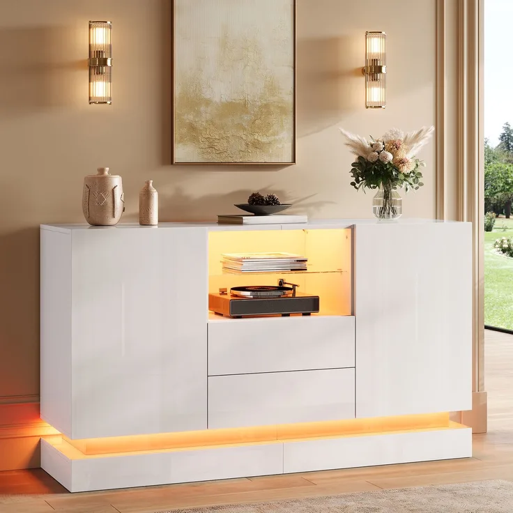 DESVIAE Sideboard Weiß aus Spanplatte – 140x80x40 cm – 2 Schubladen, LED-Beleuchtung