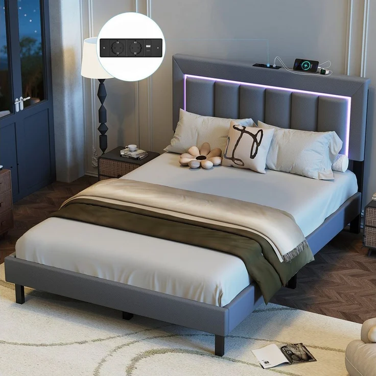 oyajia Polsterbett Bettgestell mit Kopfteil, Lichtleiste (Polsterbett mit Lattenrost und verstellbares gepolstertes Kopfteil), Modernes Jugendbett, Leises Design, Einfach zu montieren und stabil – Bild 2