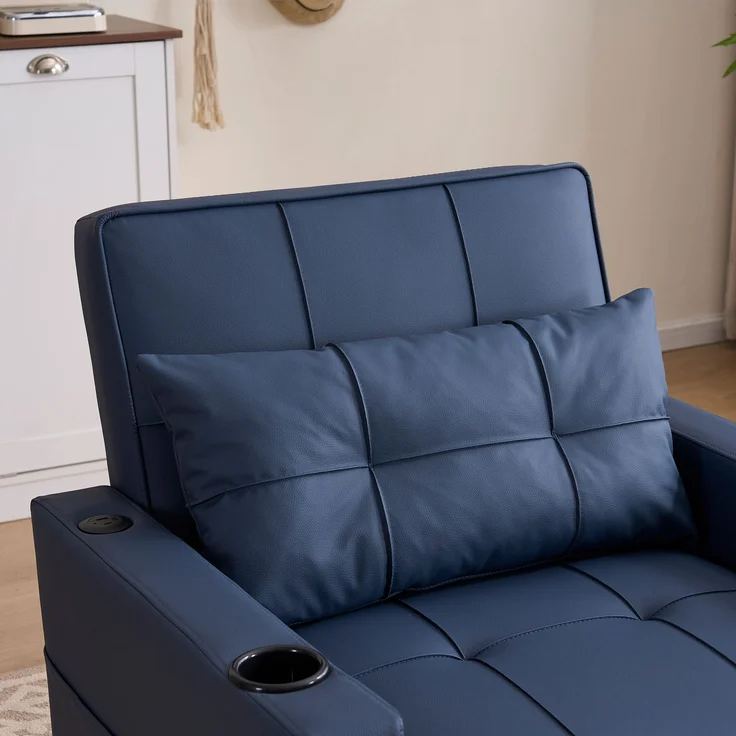 3-in-1 Schlafsessel mit USB und Getränkehaltern, ausziehbarer 1-Sitzer mit 3 Rückenpositionen und Seitentasche für kleine Wohnräume, Blau – Bild 7
