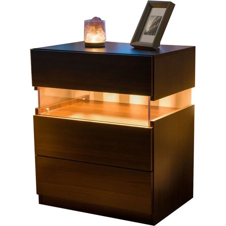 Fine Life Pro Nachtschrank LED-Nachttische mit 3 Schubladen und Acrylplatte - (Kleiderschrank für Schlafzimmer, Endtische und) Bettseitentische als Möbel für Schlafzimmer und Wohnzimmer