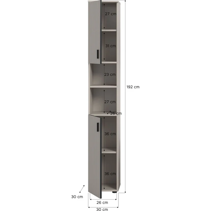 xonox. home – Badschrank Mone 30 x 192 x 30 cm in Kaschmir Nachbildung – Schlanker Hochschrank mit 2 Türen, 4 geschlossenen & 2 offenen Fächern – Platzsparendes Stauraumwunder, elegant & sehr funktional – Bild 4