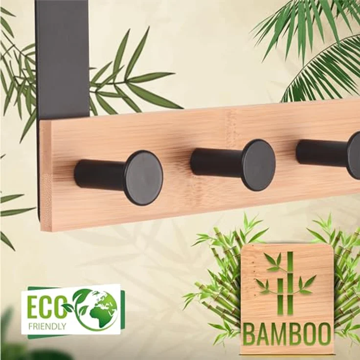 RICOO Garderobenleiste Tür Hakenleiste Hängegarderobe Türhakenleiste aus Bambus Stahl 4 Haken (1-er Set / 1 Stk. / MH029N-4, 1 St, Türgarderobe Garderobenhaken Tür Hakenleiste Platzsparende Garderobe), Garderobe ohne Bohren Kleiderhaken Tür bis max 23m... – Bild 2