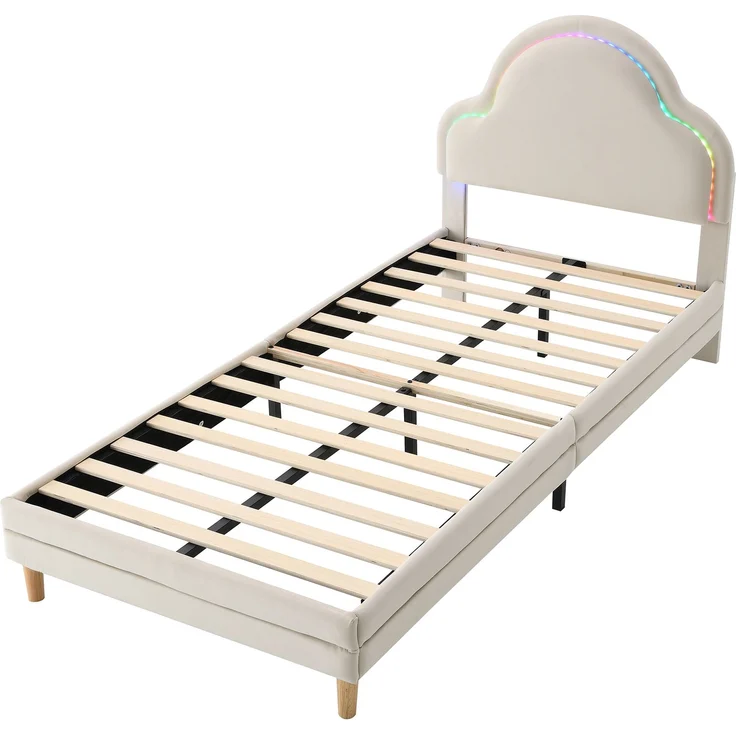 U-life Polsterbett 90x200 cm, Einzelbett und Kinderbett, mit wolkenförmigem Kopfteil, LED-Lichtleiste und Samtbezug, Beige – Bild 8