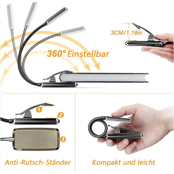 TUWENA LED Leselampe Leselampe Buch Klemme,Wiederaufladbare Buchlampe,Helligkeit Klemmlampe, 360° Flexibel Buchlampe mit 9 LEDs, 3 Farbtemperatur Modi für Bett – Bild 1