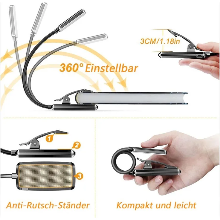 TUWENA LED Leselampe Leselampe Buch Klemme,Wiederaufladbare Buchlampe,Helligkeit Klemmlampe, 360° Flexibel Buchlampe mit 9 LEDs, 3 Farbtemperatur Modi für Bett