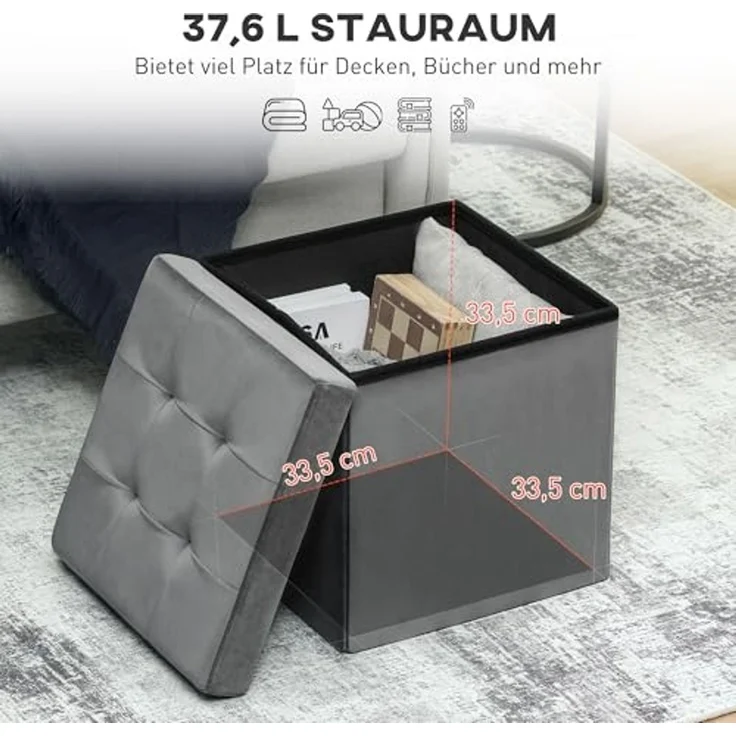 HOMCOM Sitzhocker mit Stauraum Klappbar Hocker mit Deckel (Fußhocker, 1 St, Sitzwürfel), Polsterhocker mit Samtoptik 38 x 38 x 38 cm Grau – Bild 4
