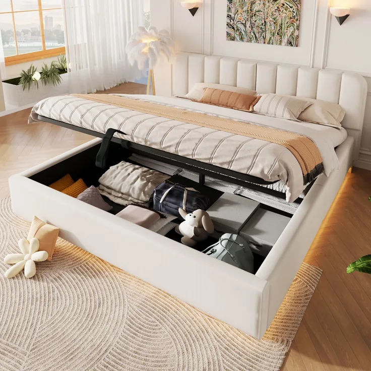 Polsterbett, Doppelbett, 180 x 200 cm, Bett mit Lattenrost, Kopfteil, Gepolstertes Kopfteil, Hydraulische Lagerung, Mit LED-Lichtleiste, Ohne Matratze, Beige Chenille