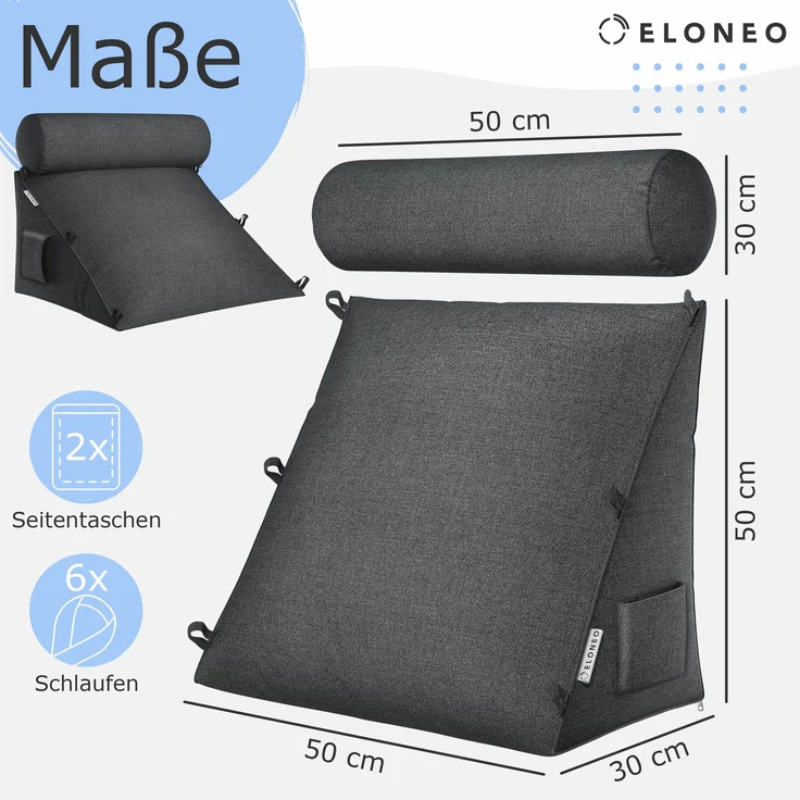 aktivshop Rückenkissen mit Nackenrolle für Bett & Sofa, 55x50x30cm, waschbarer Bezug – Bild 2