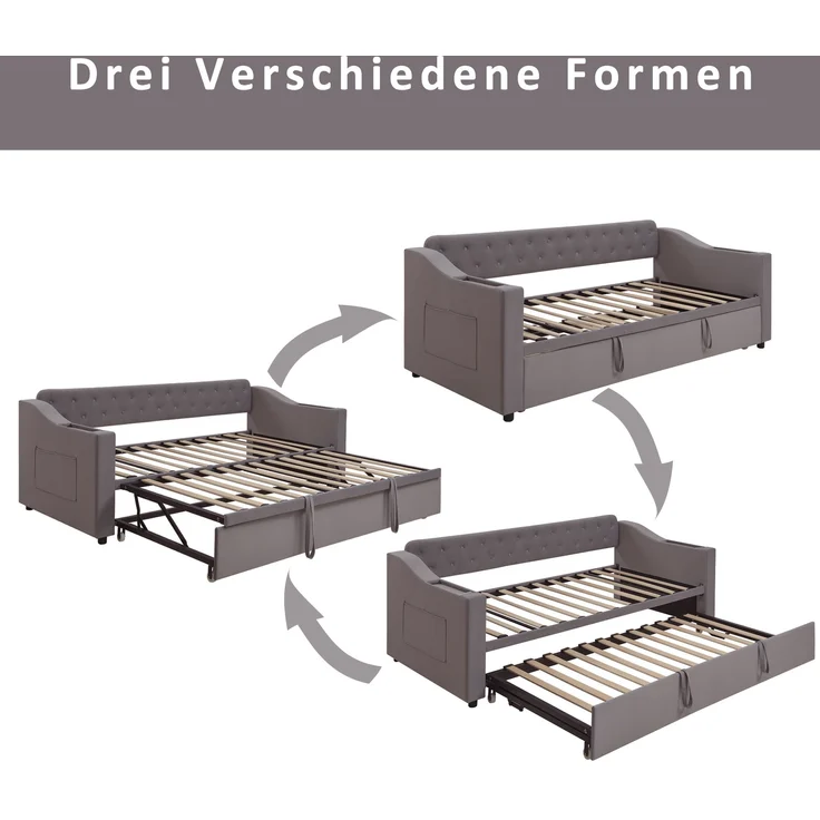 Schlafsofa Polsterbett, 2-Sitzer auf 90/180 x 190 cm erweiterbar, mit breiten und dicken Armlehnen, USB-Ladeanschluss, integrierte Ablage in Armlehnen, Ablagetaschen, mit Lattenrost, Samtstoff, dunkelgrau, 90/180 x 190 cm – Bild 8