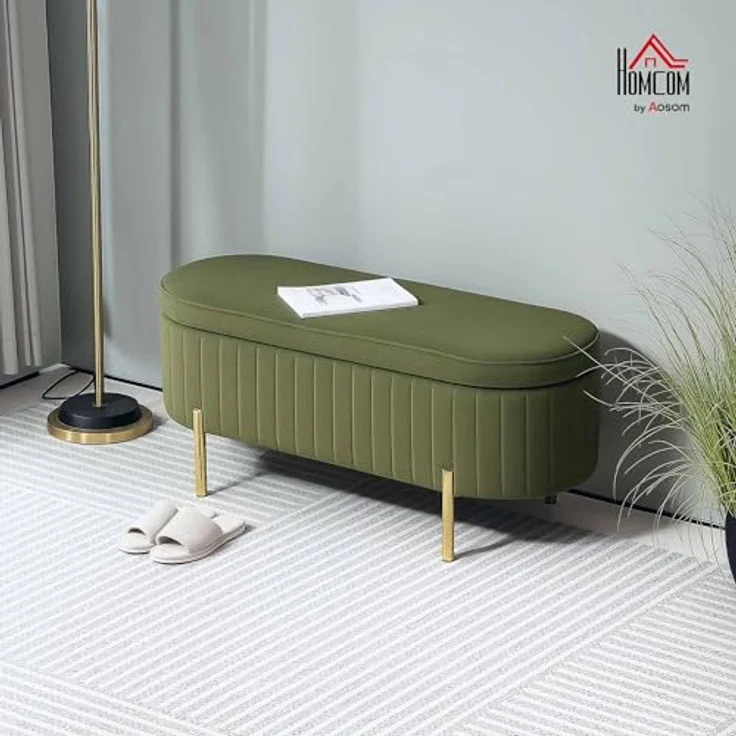 HOMCOM Sitzbank mit Stauraum Polsterbank mit Klappdeckel, Samtoptik (Sitztruhe, 1-St, Truhenbank), für Flur, Wohnzimmer, Schlafzimmer 108 x 44 x 43,5 cm, Grün – Bild 3
