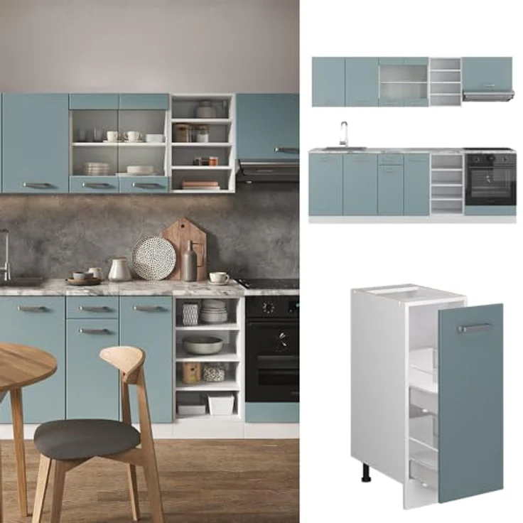 Vicco Küchenzeile R-Line, Blaugrau und Weiß, Rechteckig, 240x81.6x60 cm, Holzwerkstoff, Küchenblock ohne Geräte – Bild 6