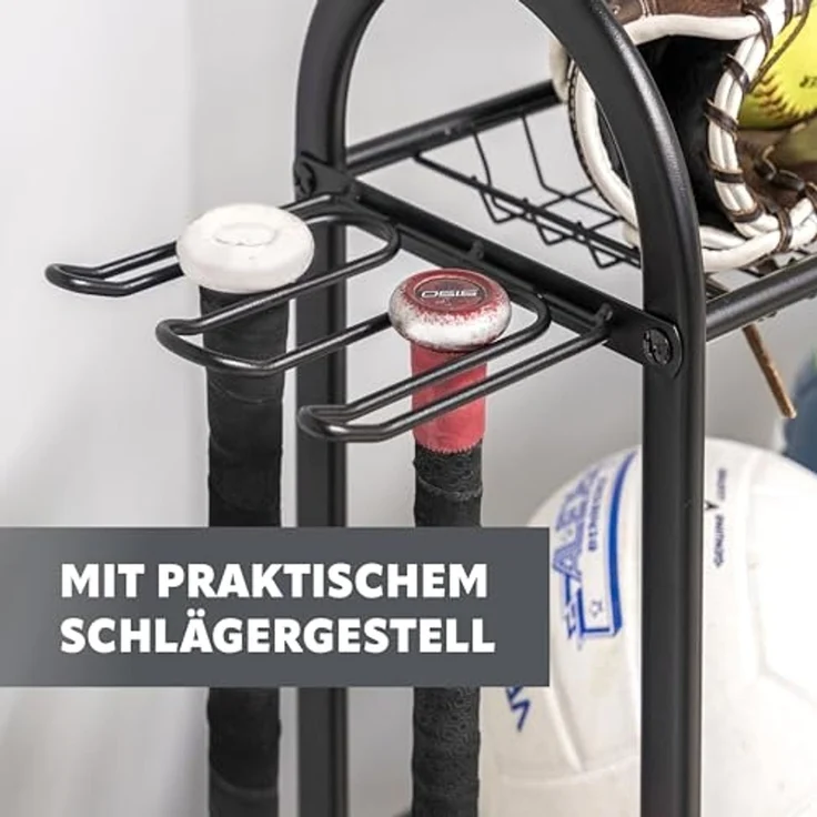 eluno Sportgeräte-Regalwagen Aufbewahrungsständer zur Aufbewahrung von Bällen, 0-tlg, mit seitlichen Haken und Baseballschlägerhalter – Bild 4
