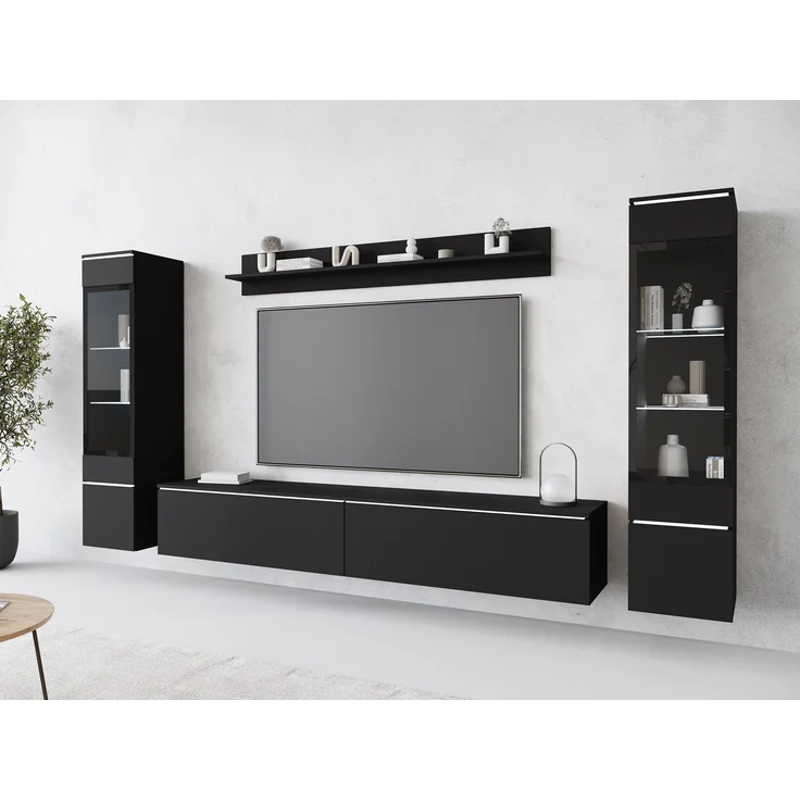 Wohnwand Doppo II, Wandregal, TV-Lowboard, 2x Hängevitrine, LED Beleuchtung (Farbe: Schwarzer Graphit) – Bild 2