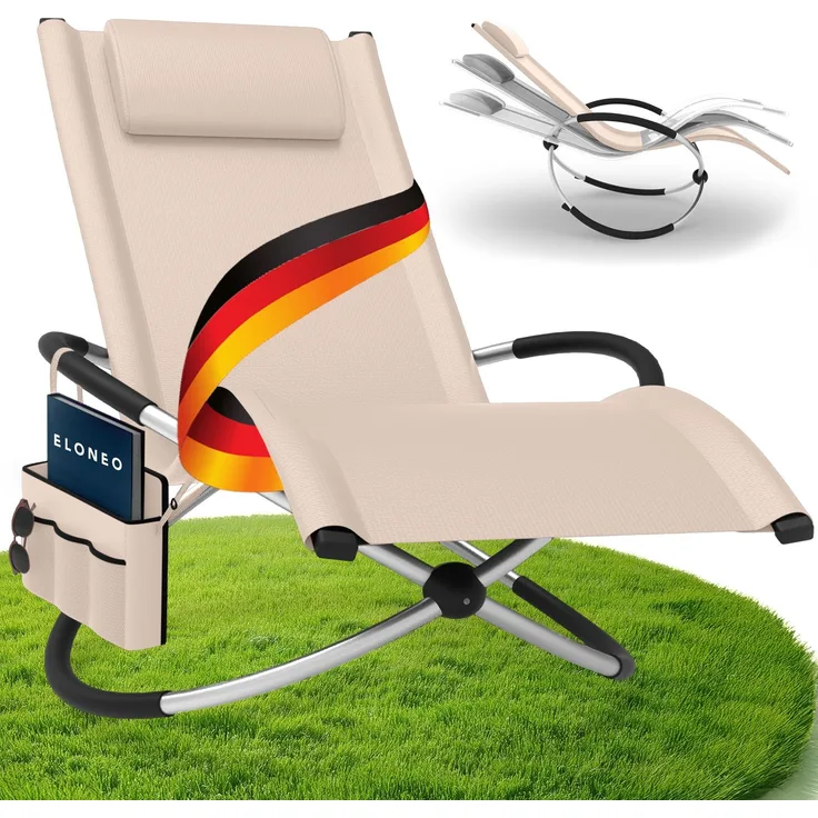 ELONEO Gartenliege Schaukelliege Outdoor mit Tasche, Strandliege klappbar bis 180 kg, Schaukelsessel, Liegestuhl wetterfest, Sonnenliege für Garten & Balkon