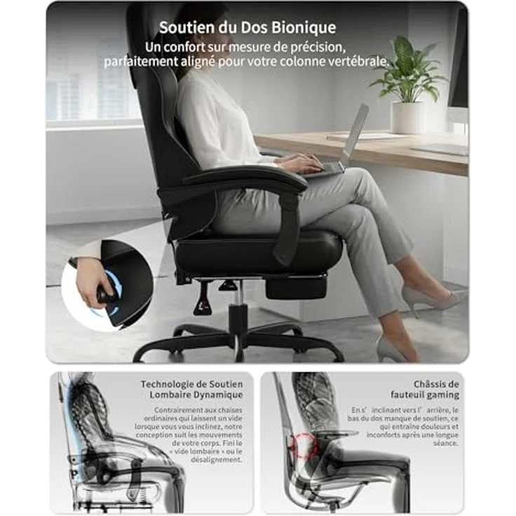 JUMMICO Ergonomischer Bürostuhl mit Dynamischer Lordosenstütze & Fußraster, Gaming Stuhl für Langzeitkomfort, Atmungsaktiver Schreibtischstuhl Stoff für Homeoffice, Schwarz – Bild 5