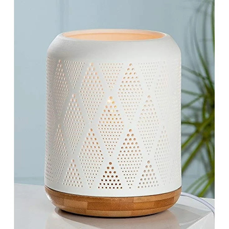 GILDE Tischleuchte Porzellan Lampe Prickelraute weiß / Sockel in Holzoptik – Bild 3