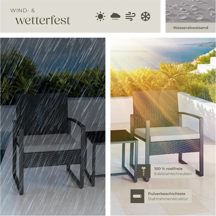 tectake® Rattan Sitzgruppe 2X Sessel mit Tisch, Balkon Möbel Set, Gartenmöbel, Balkonmöbel, Lounge klein, Stühle mit Polster inkl. Gartentisch Outdoor, wetterfest – Bild 7