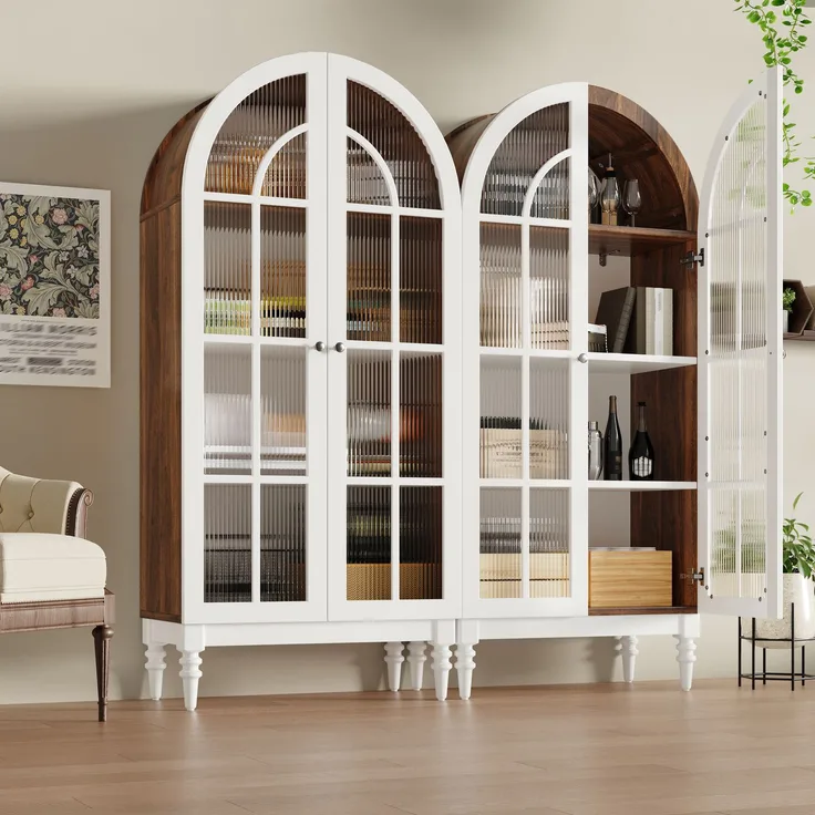 2-set Bogen-Vitrinenschrank 165cm mit Riffelglas-Doppeltüren, 3 Einlegeebenen, 2 Farben (Nussbaum+Weiß)--Weiß--76x38.5x165cm--YOUDENOVA
