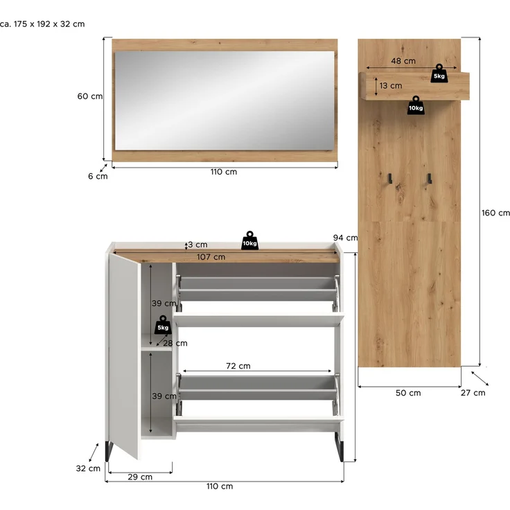 Garderobenkombination B/H/T: 192x175x32 cm in weiß Nachbildung und Artisan Oak Nachbildung – Bild 4