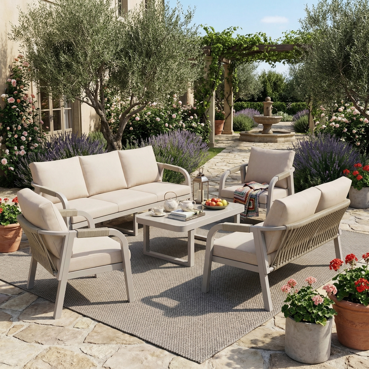 Merax Gartenmöbel-Set 5-tlg, Gartenlounge-Set mit 3-Sitzer-Sofa, 2-Sitzer-Sofa, 2 Sessel und 1 Couchtische, Terassenmöbelset 7 Sitzer, Beige – Bild 2