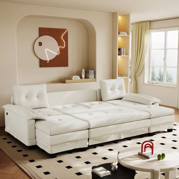 ZUBALIYA Schlafsofa 127x87 cm, mit USB - Anschluss, mit Ausziehbett, mit Chenille - Bezug, mit Samtbezug, modular aufgebaut, Weiß – Bild 9
