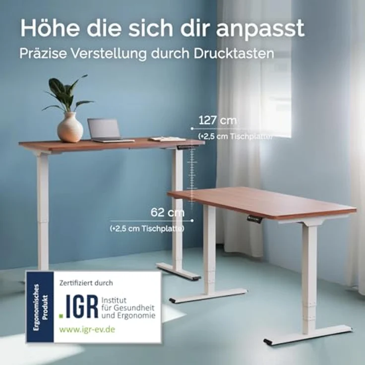 DESQUP DESKSPACE PRO Plus Elektrisch Höhenverstellbarer Schreibtisch, 160x80 cm Mahagoni Tischplatte, Ergonomisches Stehpult mit Memoryfunktion, Ladebuchse & Kollisionsschutz, Weißes Gestell – Bild 3