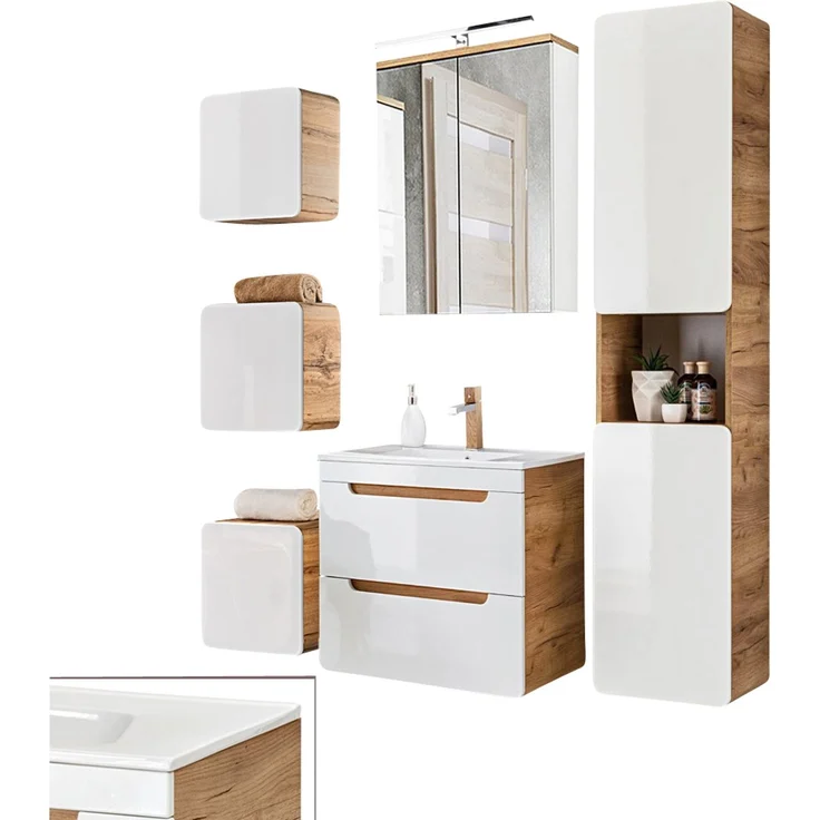 Badezimmermöbel Set inkl. 61 cm Keramik-Waschtisch LUTON-56 in Hochglanz weiß mit Wotan Eiche Nb, B/H/T ca. 160/200/46 cm – Bild 9
